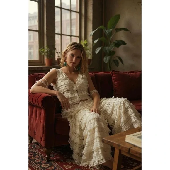 POL Ruffle Tiered Pull On Pants in Natural Cream - Picture 2 of 7